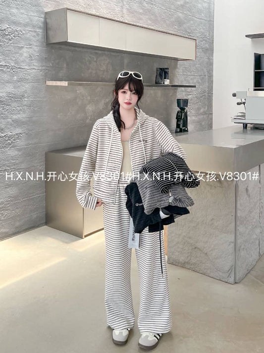 Cozy Lines Striped Lounge Set – 2 Piece Zip-Up Hoodie & Wide-Leg Pants : PRE-ORDER