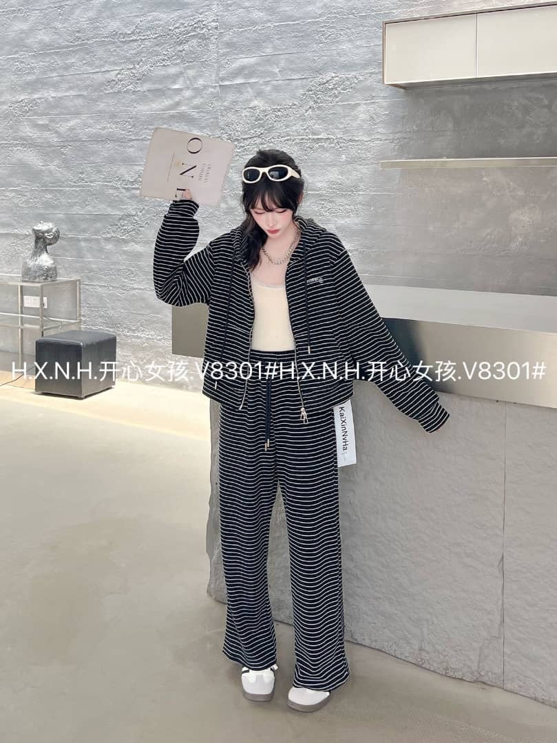 Cozy Lines Striped Lounge Set – 2 Piece Zip-Up Hoodie & Wide-Leg Pants : PRE-ORDER