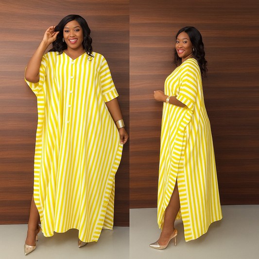 Striped Maxi Kaftan Button-Front Loose Fit : PRE-ORDER