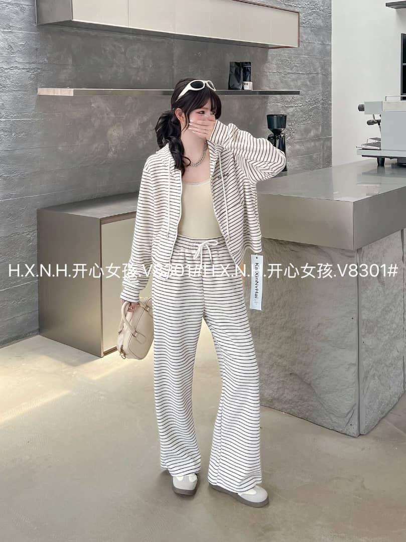 Cozy Lines Striped Lounge Set – 2 Piece Zip-Up Hoodie & Wide-Leg Pants : PRE-ORDER