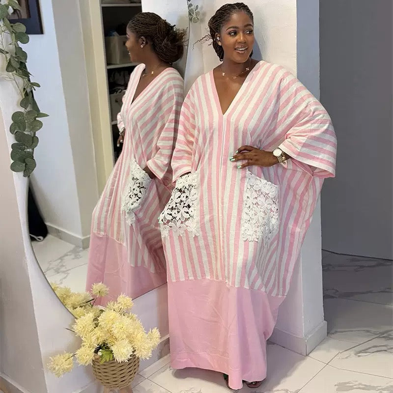 Elegant Striped Kaftan Dress with Lace Pockets