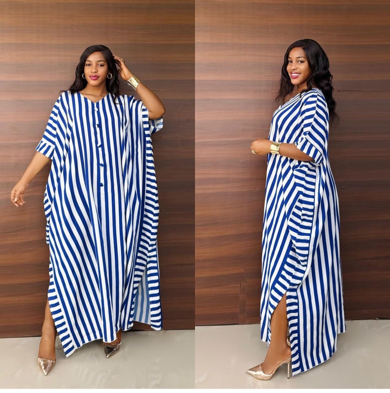 Striped Maxi Kaftan Button-Front Loose Fit : PRE-ORDER